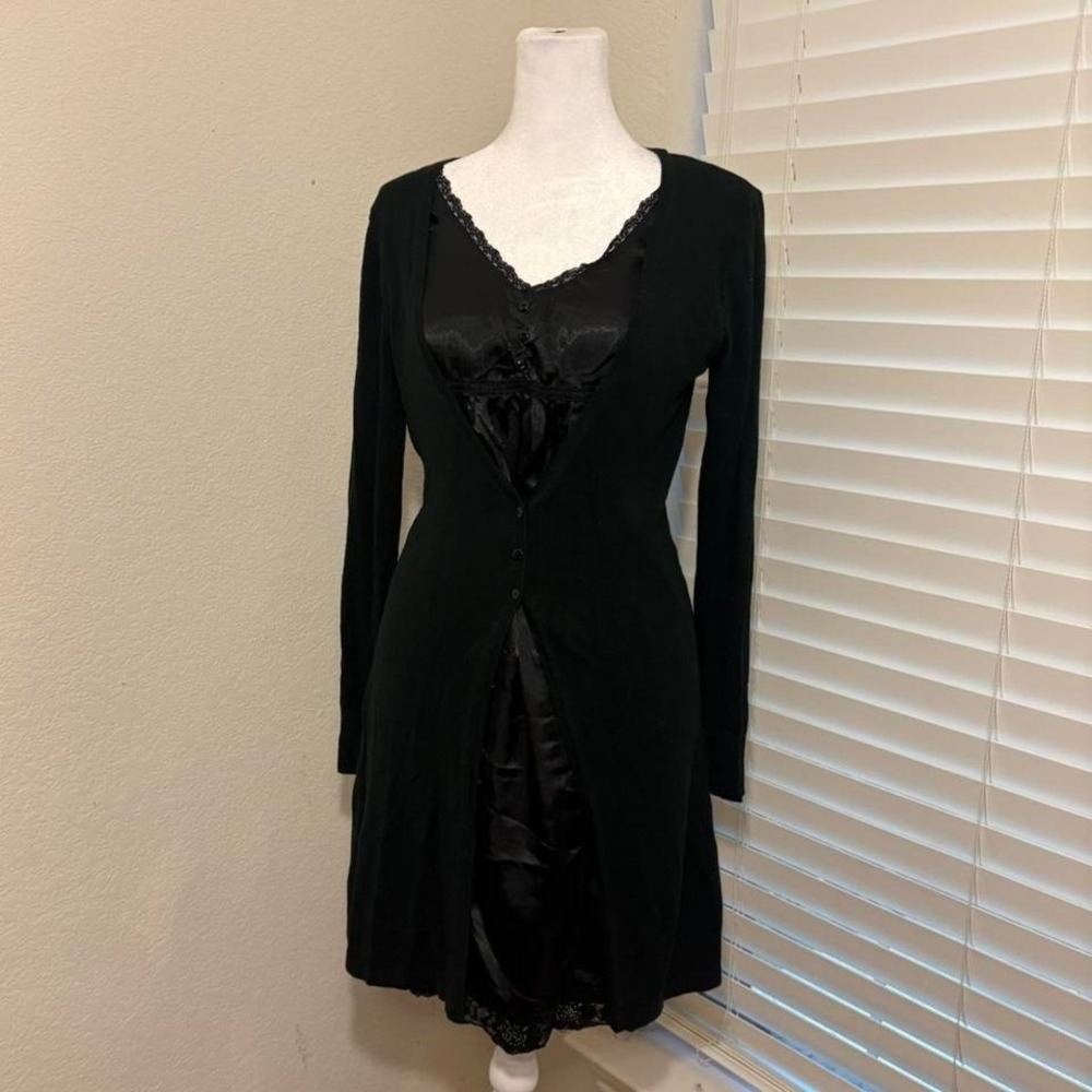 Black button up cardigan and satin lace babydoll mini dress Small med